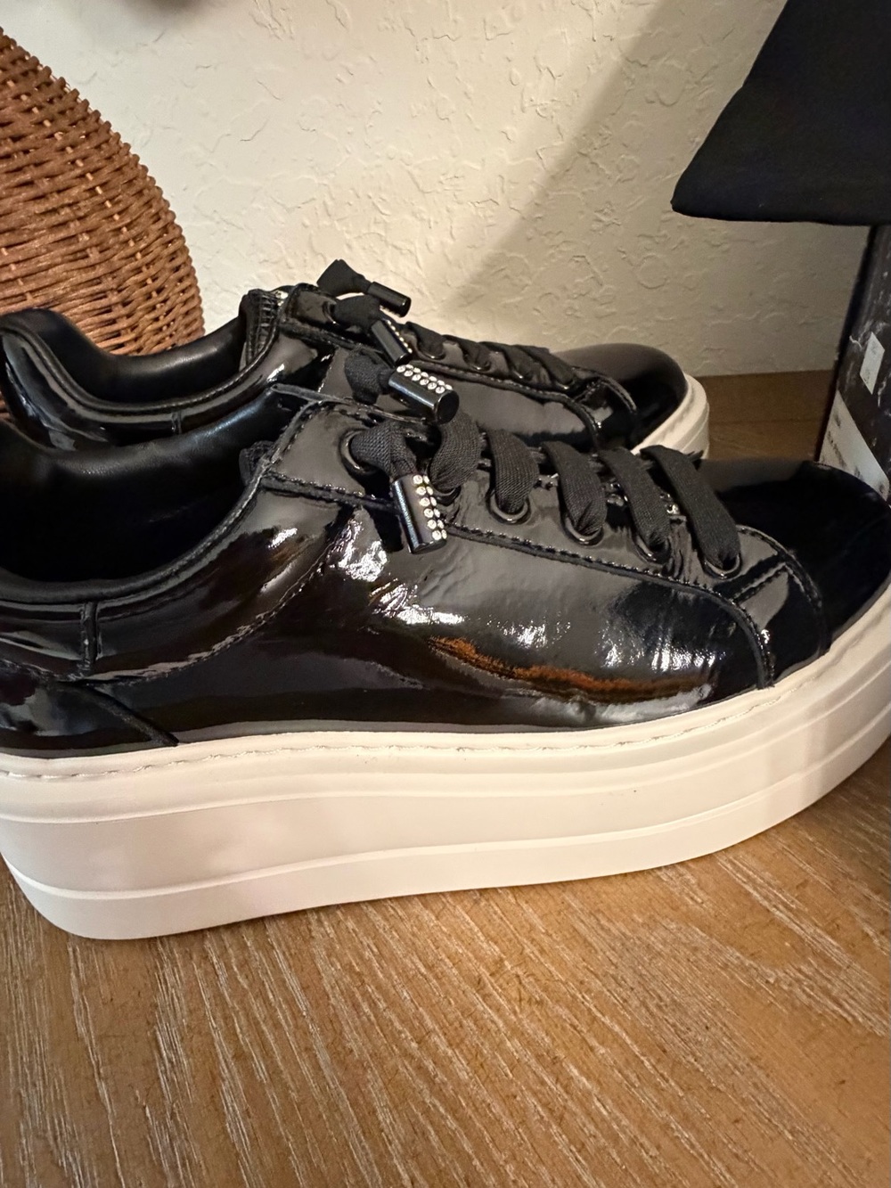 Steve Madden Black Patent Platform Sneakers with White Sole